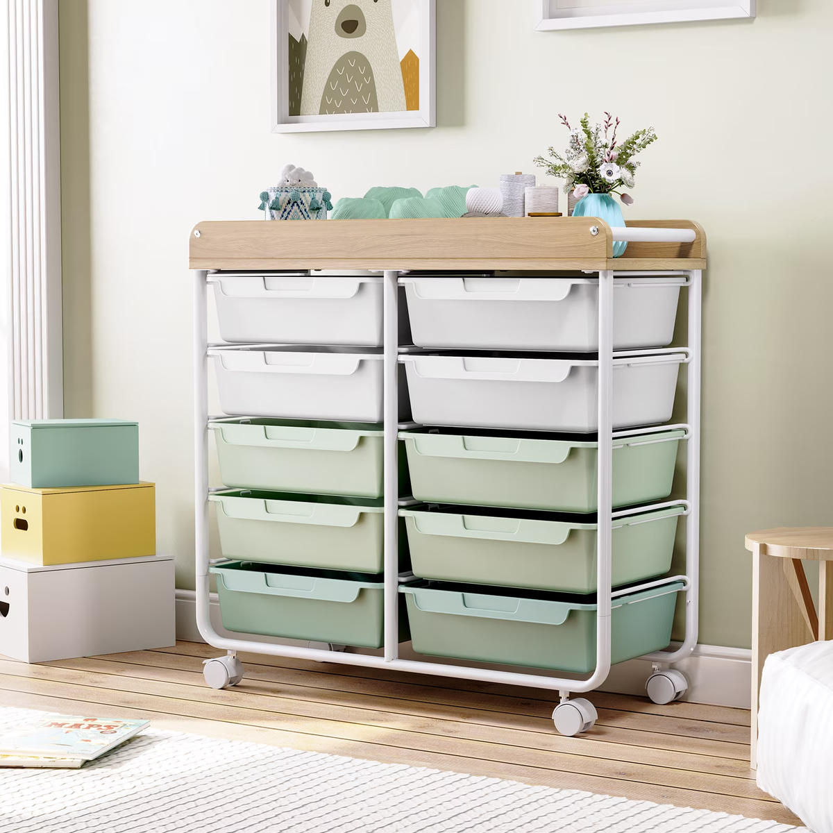 BEHERZT Rolling Storage Cart with 10 Large Drawers, Utility Cart with Wooden TableTop for Craft Organizers, Green