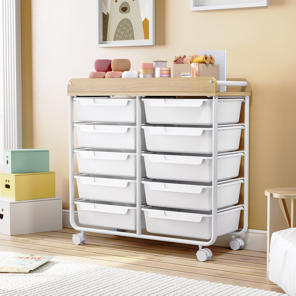 BEHERZT Rolling Storage Cart with 10 Large Drawers, Utility Cart with Wooden TableTop for Craft Organizers, White