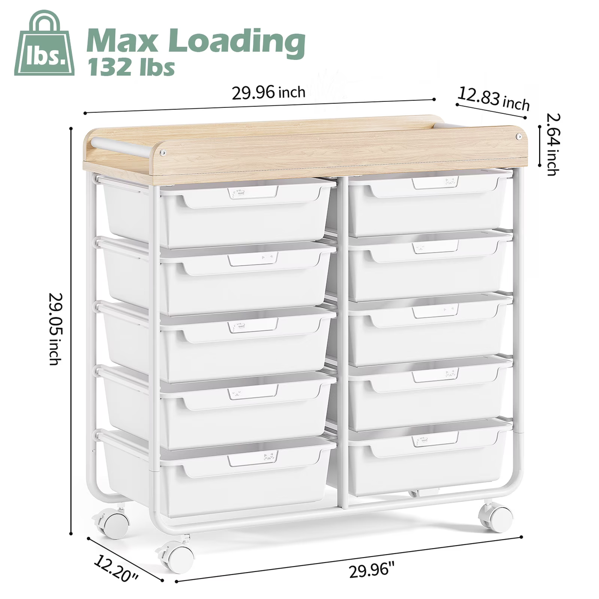 BEHERZT Rolling Storage Cart with 10 Large Drawers, Utility Cart with Wooden TableTop for Craft Organizers, White