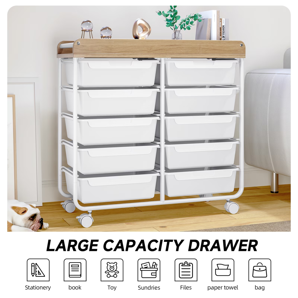 BEHERZT Rolling Storage Cart with 10 Large Drawers, Utility Cart with Wooden TableTop for Craft Organizers, White