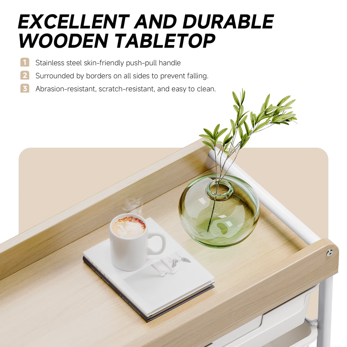 BEHERZT Rolling Storage Cart with 10 Large Drawers, Utility Cart with Wooden TableTop for Craft Organizers, White