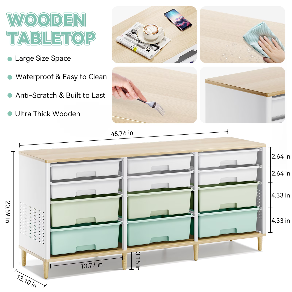 BEHERZT Sideboard Storage Cabinet with 12 Drawers , for 32-45'' TV Stand , Fluted Modern Buffet Cabinet for Living Room, Bedroom , School, Green