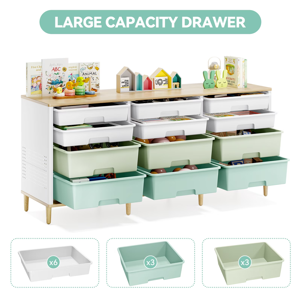 BEHERZT Sideboard Storage Cabinet with 12 Drawers , for 32-45'' TV Stand , Fluted Modern Buffet Cabinet for Living Room, Bedroom , School, Green
