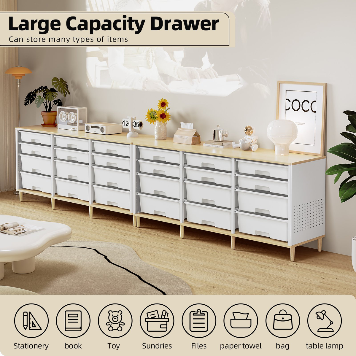 BEHERZT Sideboard Storage Cabinet with 12 Drawers , for 32-45'' TV Stand , Fluted Modern Buffet Cabinet for Living Room, Bedroom , School