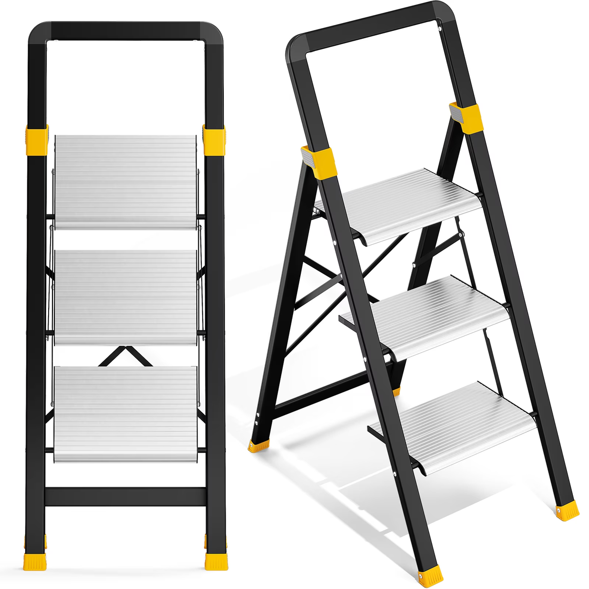 KINGTIDY 3 Step Ladder, Sturdy Aluminium Ladder with Anti-Slip Pedal, 330lbs, Portable Ladder for Home Kitchen Office, Silver