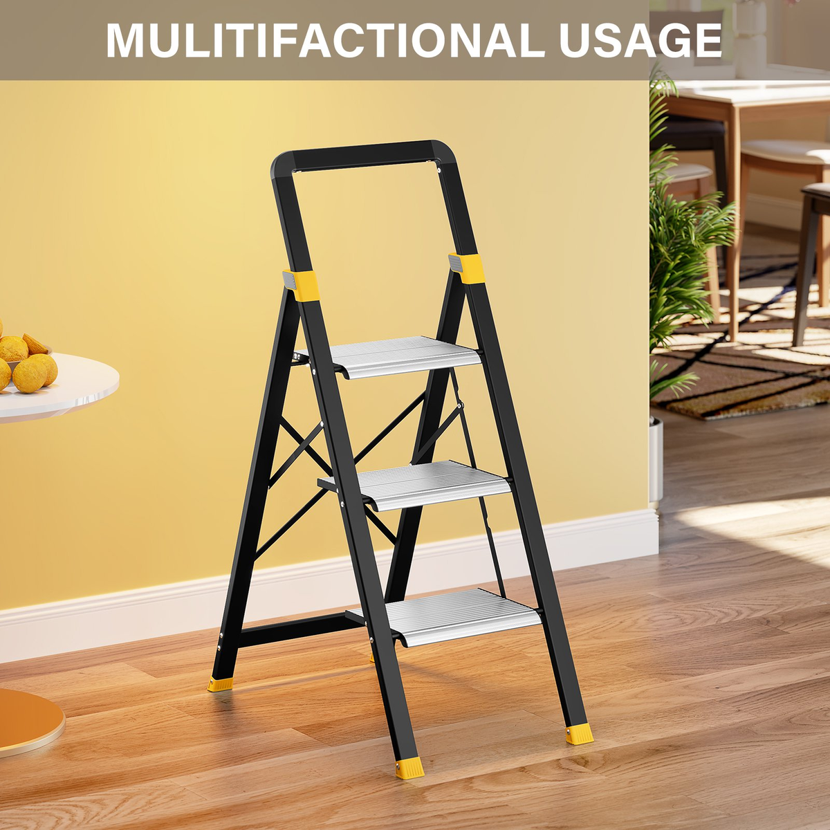 KINGTIDY 3 Step Ladder, Sturdy Aluminium Ladder with Anti-Slip Pedal, 330lbs, Portable Ladder for Home Kitchen Office, Silver
