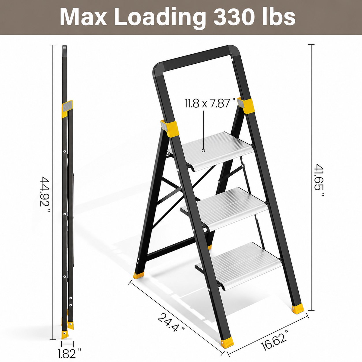 KINGTIDY 3 Step Ladder, Sturdy Aluminium Ladder with Anti-Slip Pedal, 330lbs, Portable Ladder for Home Kitchen Office, Silver