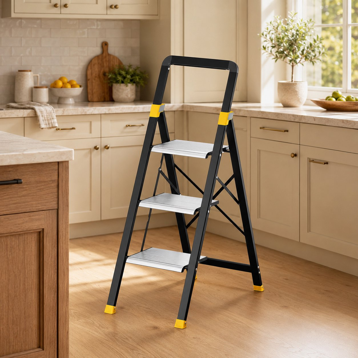 KINGTIDY 3 Step Ladder, Sturdy Aluminium Ladder with Anti-Slip Pedal, 330lbs, Portable Ladder for Home Kitchen Office, Silver