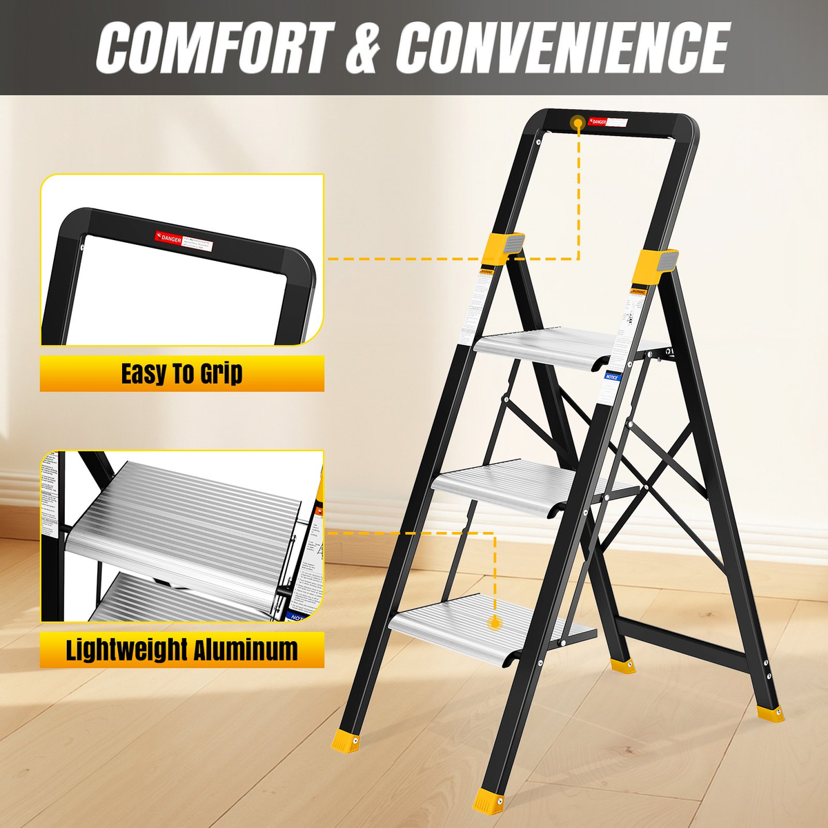 KINGTIDY 3 Step Ladder, Sturdy Aluminium Ladder with Anti-Slip Pedal, 330lbs, Portable Ladder for Home Kitchen Office, Silver