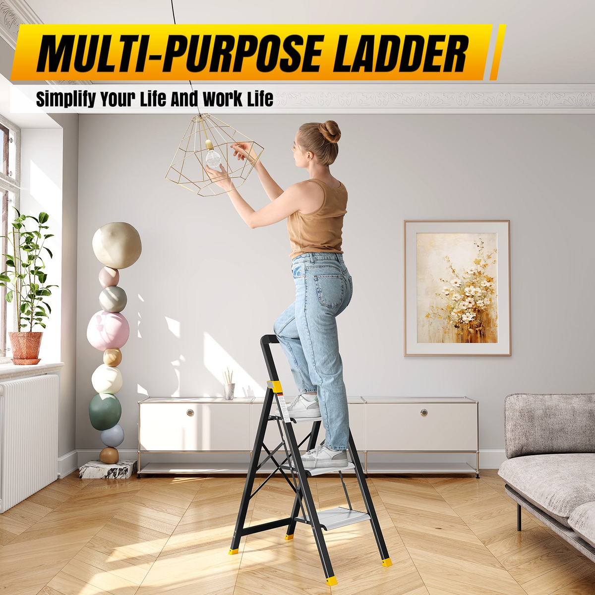 KINGTIDY 3 Step Ladder, Sturdy Aluminium Ladder with Anti-Slip Pedal, 330lbs, Portable Ladder for Home Kitchen Office, Silver