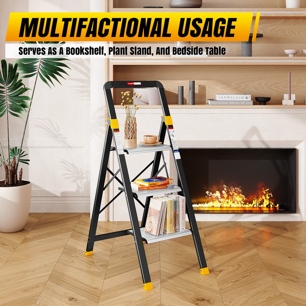 KINGTIDY 3 Step Ladder, Sturdy Aluminium Ladder with Anti-Slip Pedal, 330lbs, Portable Ladder for Home Kitchen Office, Silver