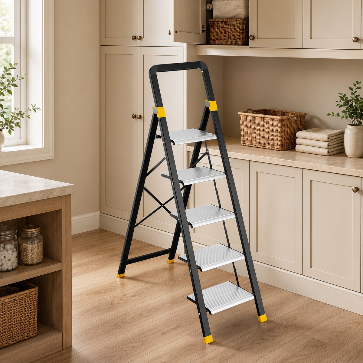 KINGTIDY 5 Step Ladder, Sturdy Aluminium Ladder with Anti-Slip Pedal, 330lbs, Portable Ladder for Home Kitchen Office, Silver