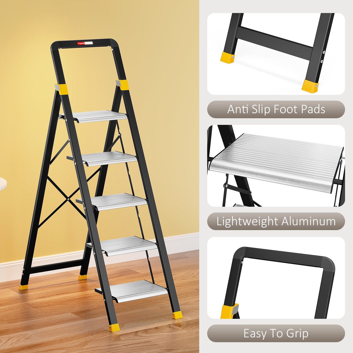 KINGTIDY 5 Step Ladder, Sturdy Aluminium Ladder with Anti-Slip Pedal, 330lbs, Portable Ladder for Home Kitchen Office, Silver