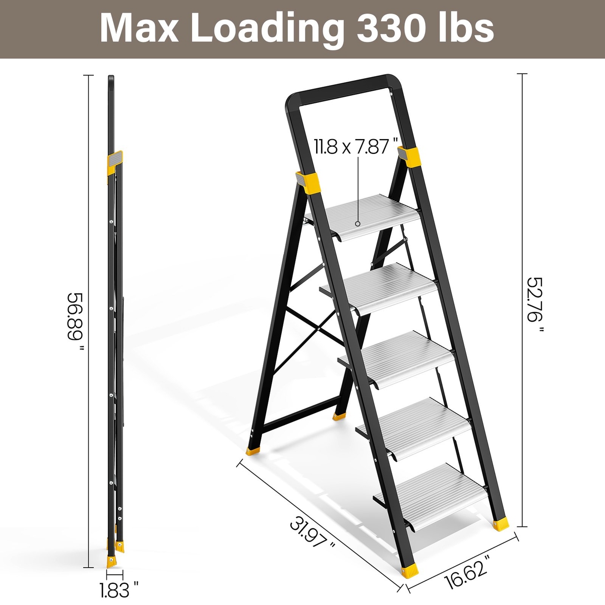 KINGTIDY 5 Step Ladder, Sturdy Aluminium Ladder with Anti-Slip Pedal, 330lbs, Portable Ladder for Home Kitchen Office, Silver