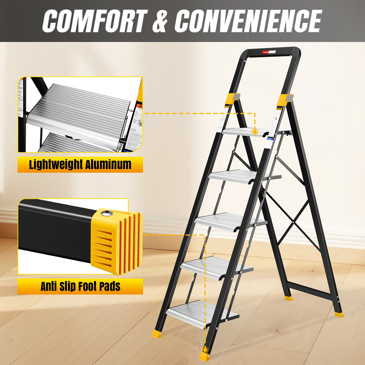 KINGTIDY 5 Step Ladder, Sturdy Aluminium Ladder with Anti-Slip Pedal, 330lbs, Portable Ladder for Home Kitchen Office, Silver