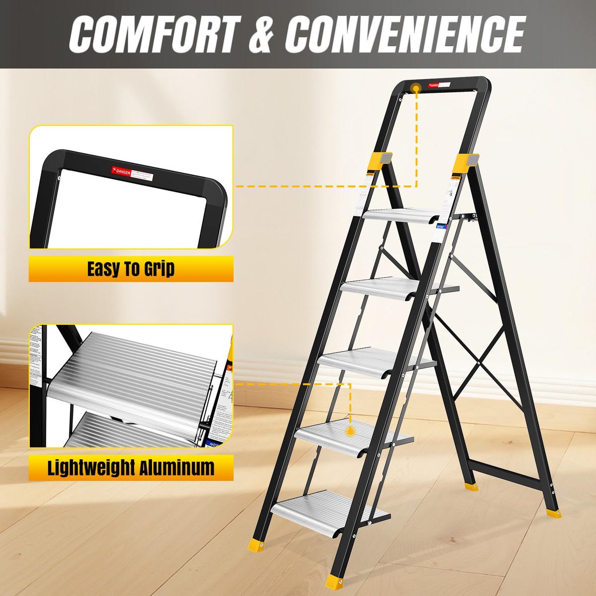 KINGTIDY 5 Step Ladder, Sturdy Aluminium Ladder with Anti-Slip Pedal, 330lbs, Portable Ladder for Home Kitchen Office, Silver