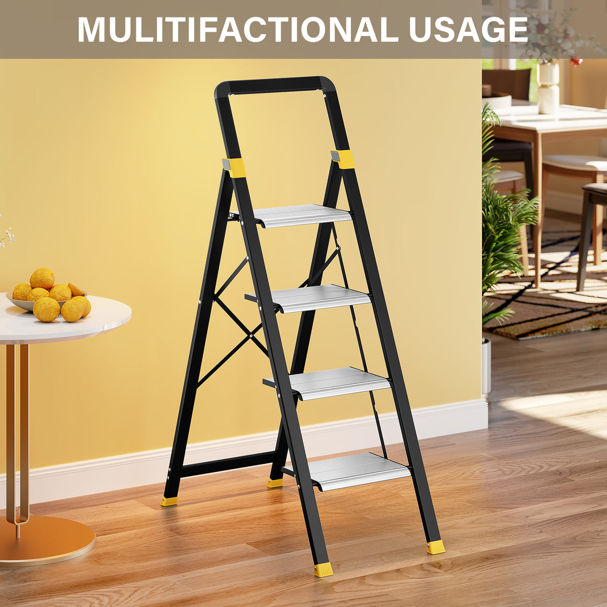 KINGTIDY 4 Step Ladder, Sturdy Aluminium Ladder with Anti-Slip Pedal, 330lbs, Portable Ladder for Home Kitchen Office, Silver