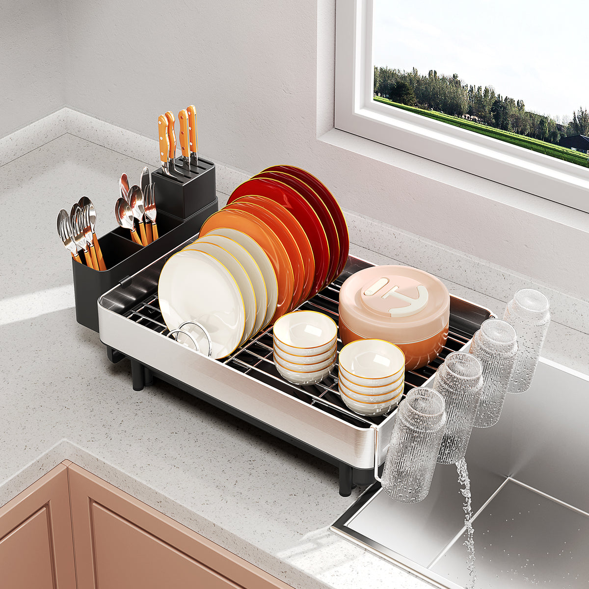 BEHERZT Expandable Dish Rack, Large Dish Drying Rack for Kitchen Counter, 304 Stainless Steel Foldable Dish Drainer Racks