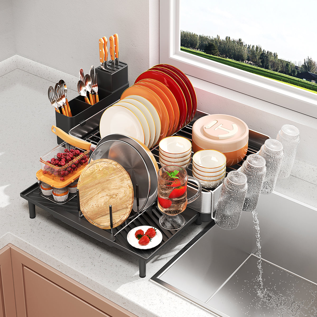 BEHERZT Expandable Dish Rack, Large Dish Drying Rack for Kitchen Counter, 304 Stainless Steel Foldable Dish Drainer Racks