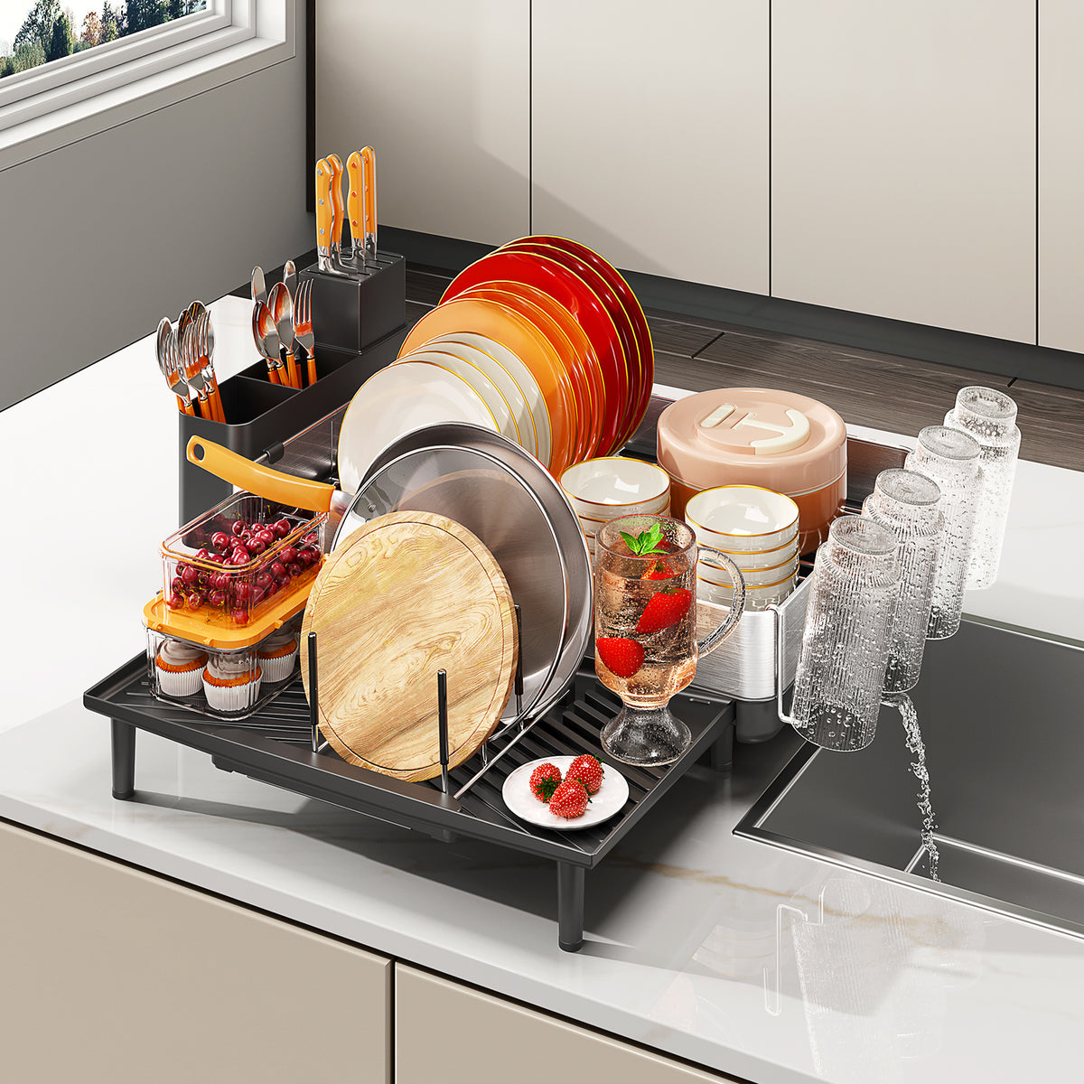 BEHERZT Expandable Dish Rack, Large Dish Drying Rack for Kitchen Counter, 304 Stainless Steel Foldable Dish Drainer Racks