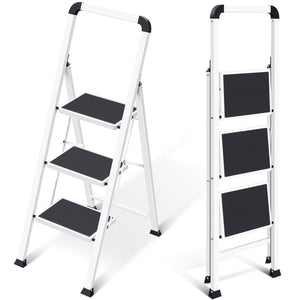 3-Tier Folding Step Stools, Metal Step Stool, Step Stool with Handle, Wide Pedal, Anti-Slip, Black and White