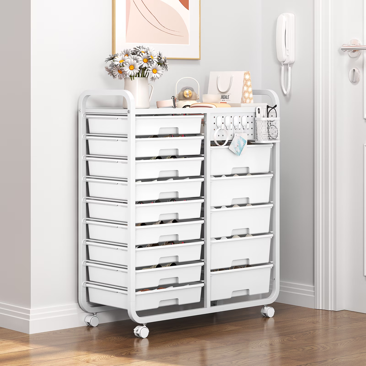 BEHERZT 14 Drawer Rolling Cart with Tabletop & DIY Pegboard, Storage Carts with Wheels, Organizers Utility Cart, White