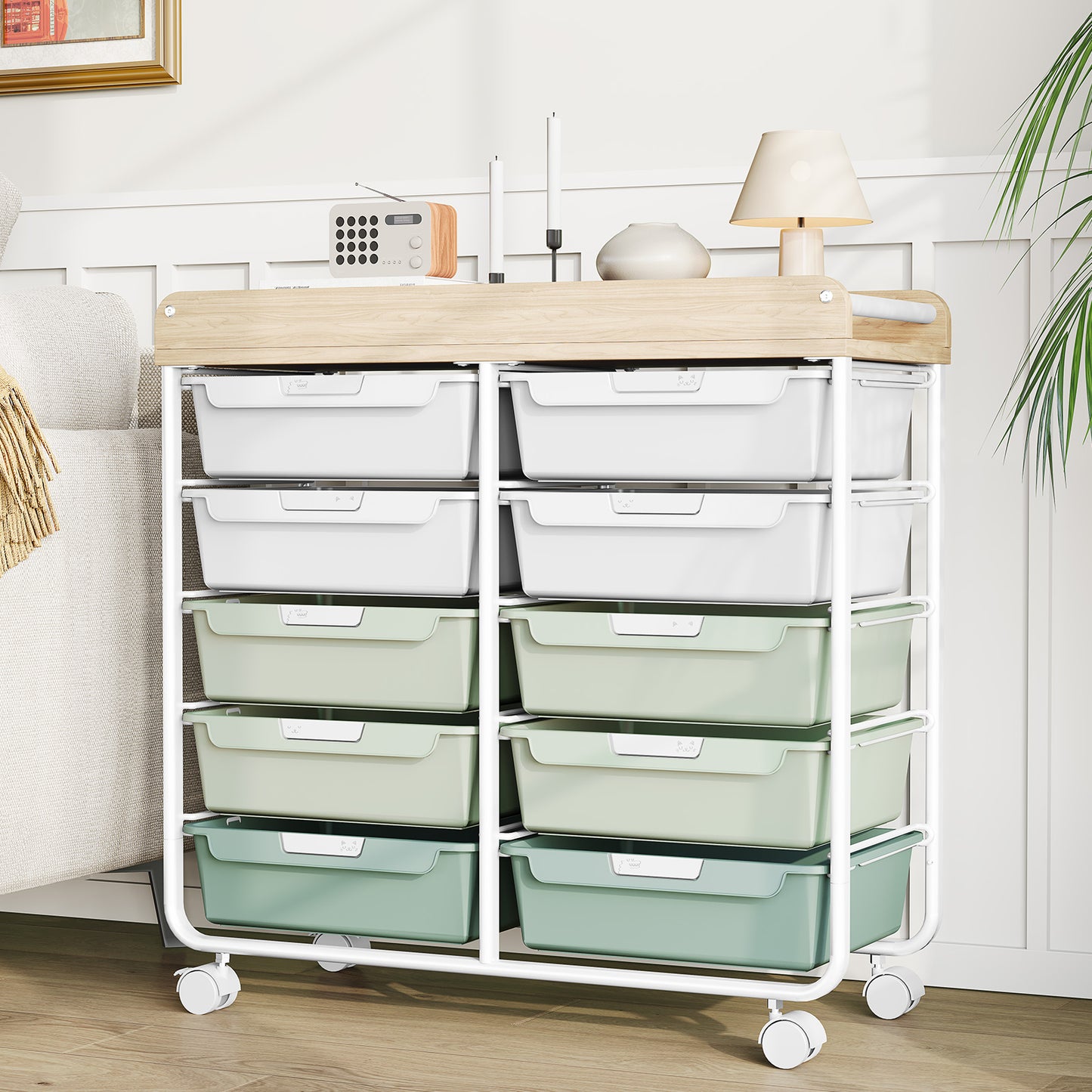 Rolling Storage Cart with 10 Drawers, KK KINGRACK Drawer Cart with Sturdy Frame for Craft Office School Storage, Green (BZ831234-1G)