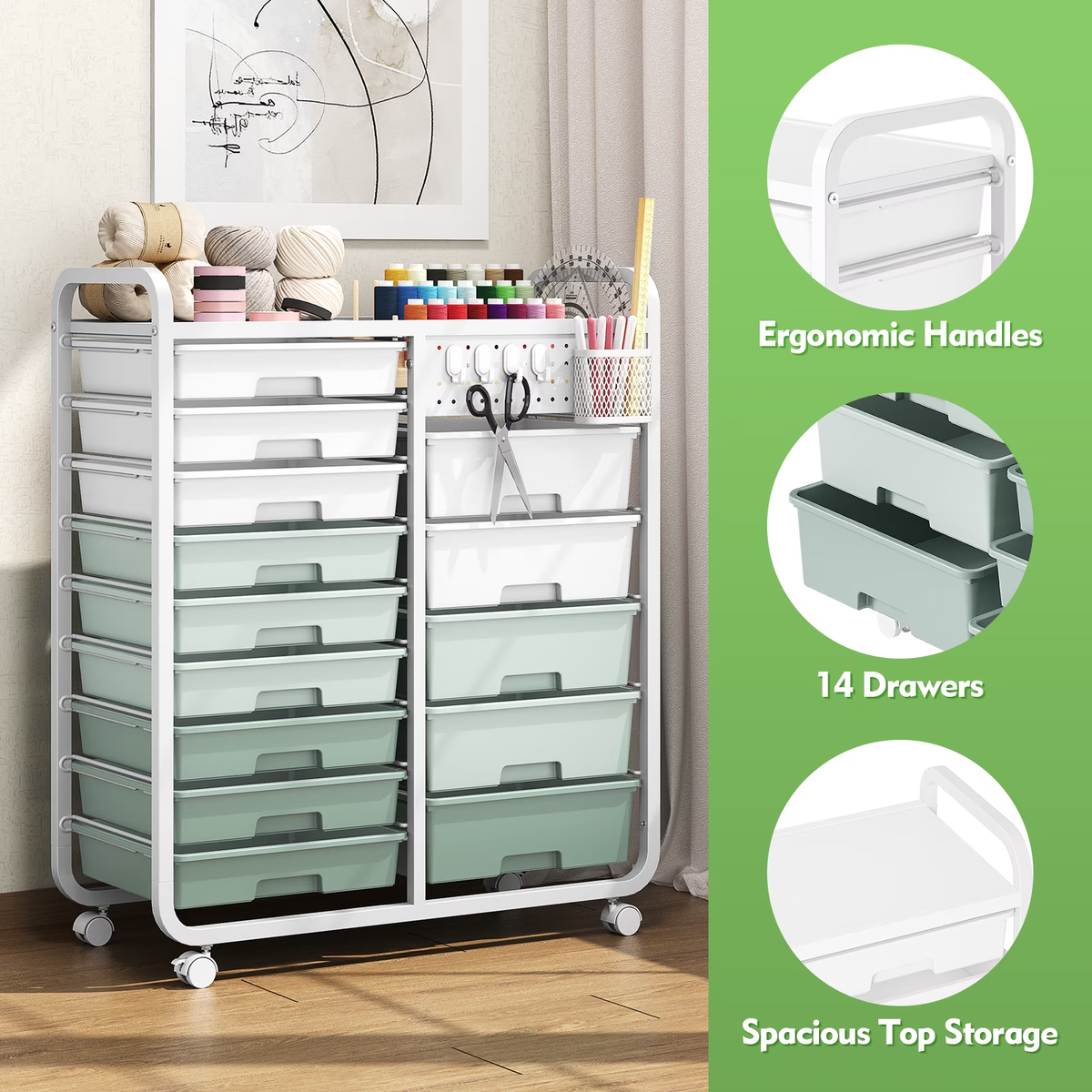 BEHERZT 14 Drawer Rolling Cart with Tabletop & DIY Pegboard, Storage Cart with Wheels, Organizers Utility Cart, Green