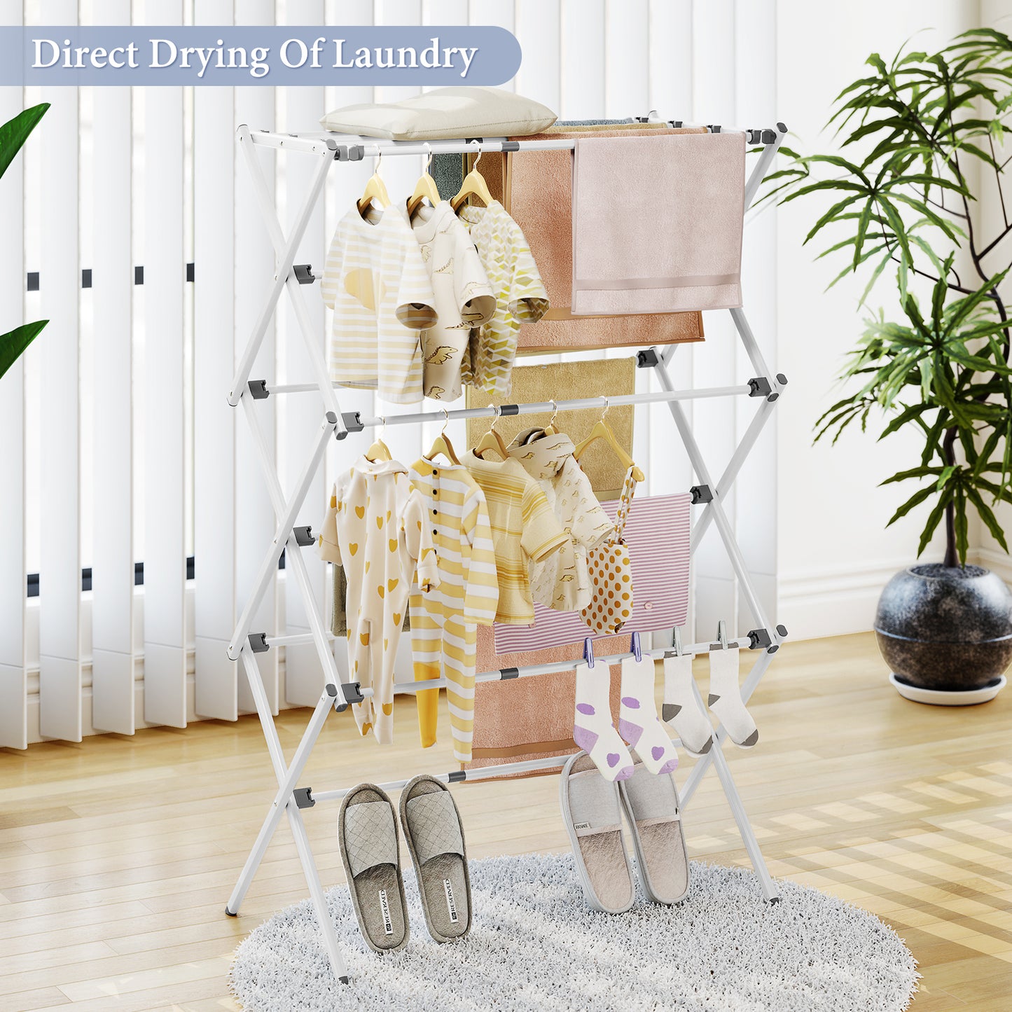 KK KINGRACK Clothes Drying Rack, 3-Tier Collapsible Steel Laundry Rack, Expandable Clothes Dryer, White, 35.43 in
