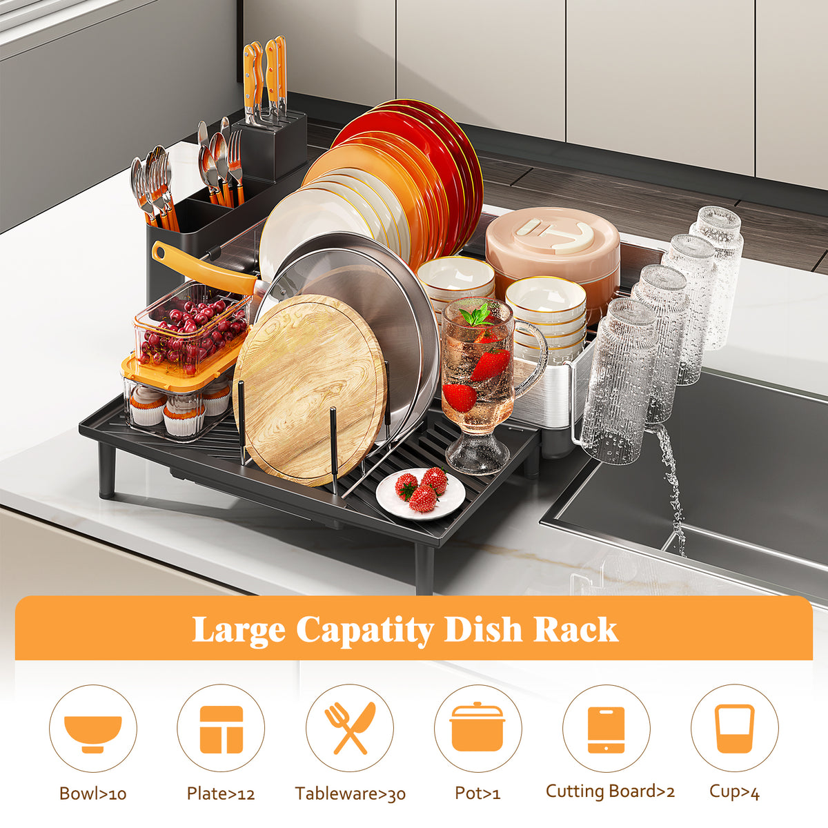 BEHERZT Expandable Dish Rack, Large Dish Drying Rack for Kitchen Counter, 304 Stainless Steel Foldable Dish Drainer Racks