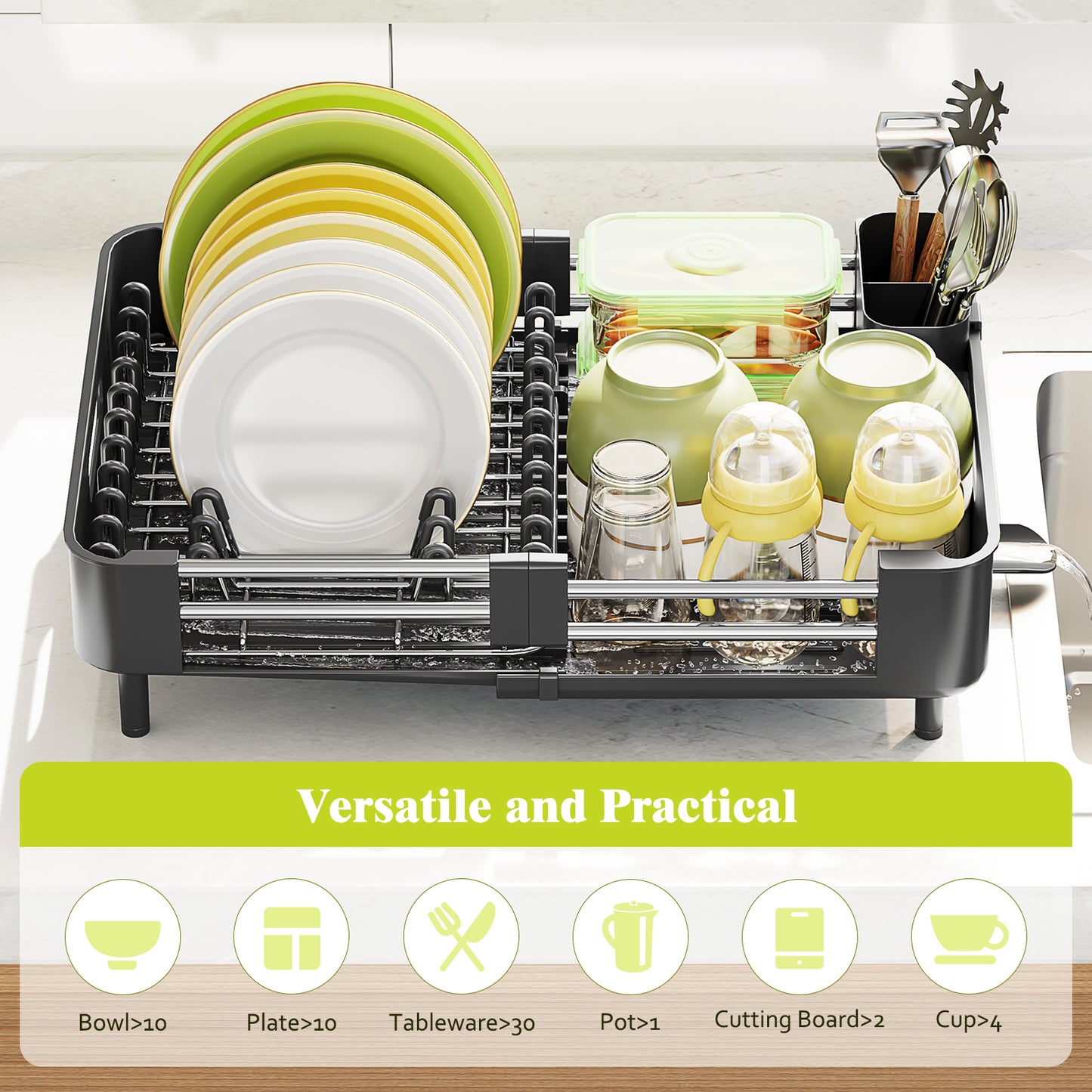 Dish Drying Rack, Kingrack Extendable Dish Rack for Kitchen Counter, Foldable Stainless Steel Space-Saving Dish Drainer,WK810172-20