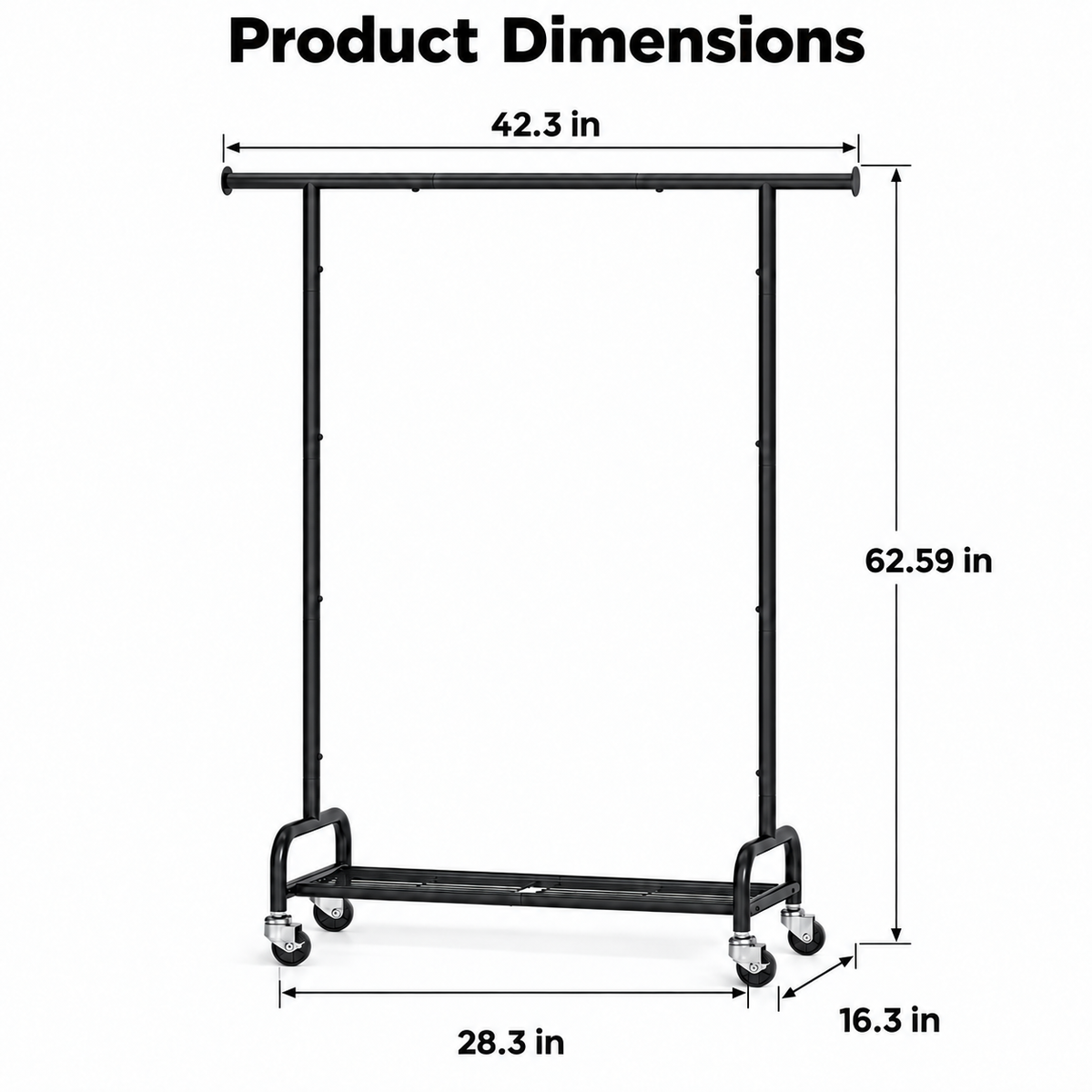 KINGTIDY Clothes Rack with Wheels, Portable Garment Rack for Bedroom, Closet, 42.3" x 16.3" x 62.59", Black
