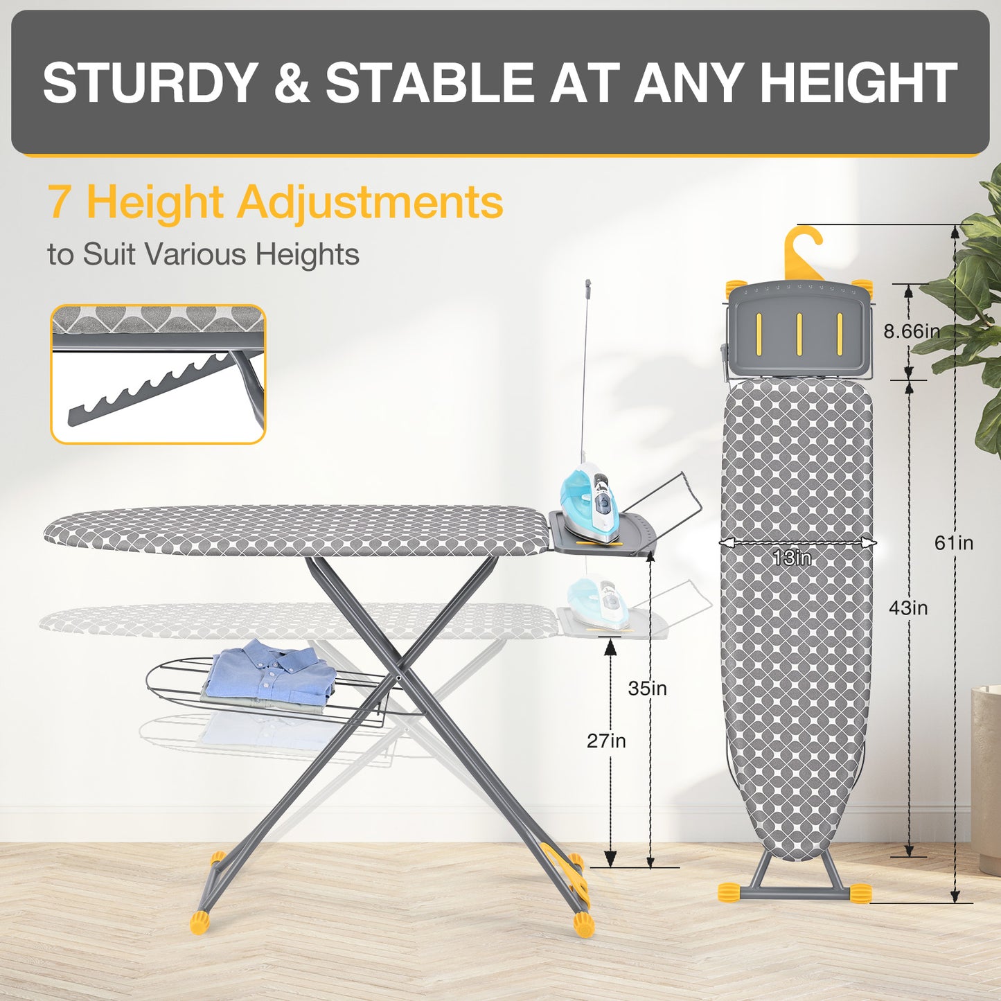 TOOLF Ironing Board, Iron Board with Hanger & Iron Rest, 7 Adjustable Heights, 43x13", Gray（QP1343HT2-Y）