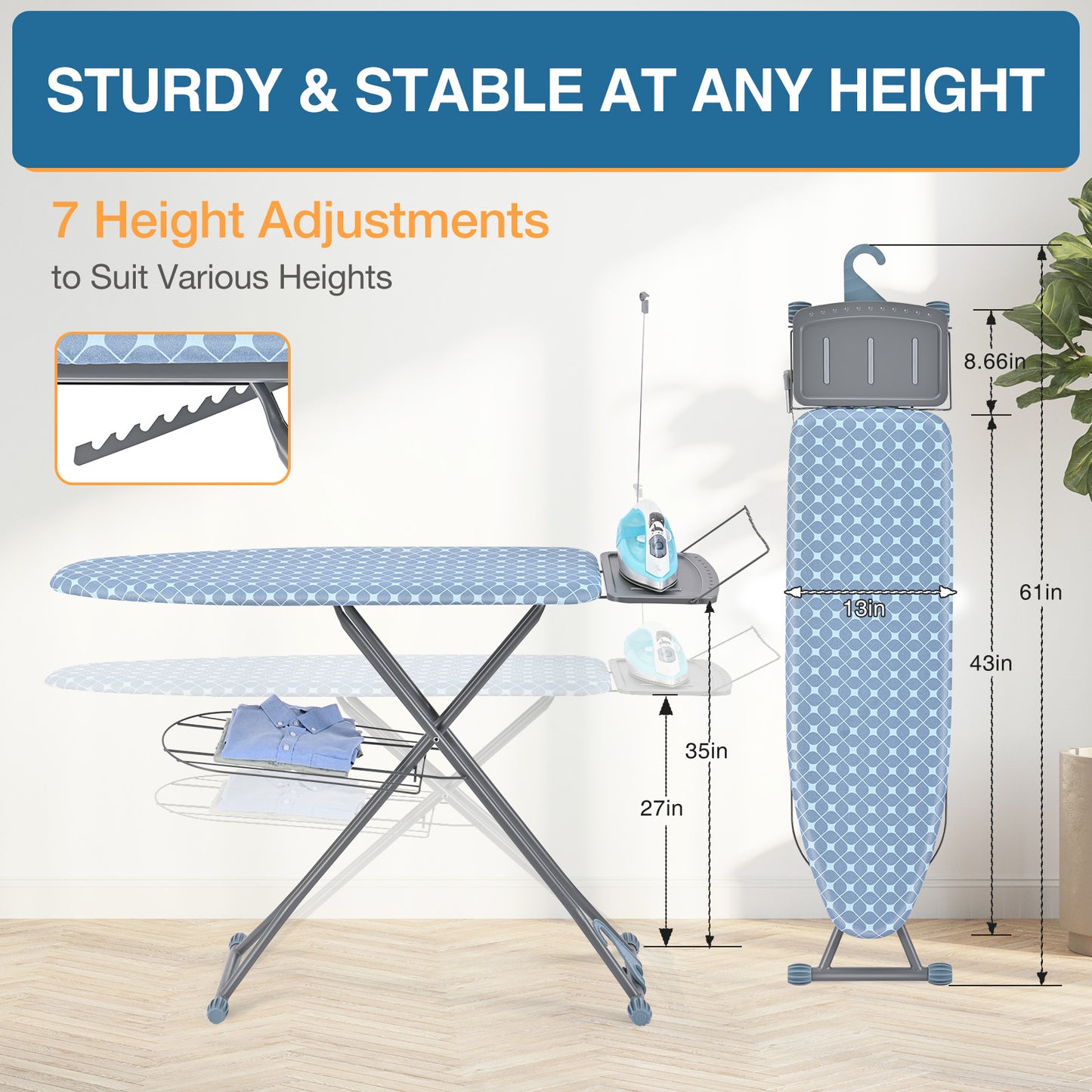TOOLF Ironing Board, Multi-use Iron Board with Hanger & Iron Rest, 7 Adjustable Heights, 43x13", Blue (QP1343HT2-B)