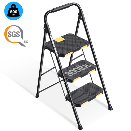 KK KINGRACK 3 Step Ladder, Folding Step Stool with Non-Slip Feet for Home, 800 lbs Capacity, Black (TZ2223-3)