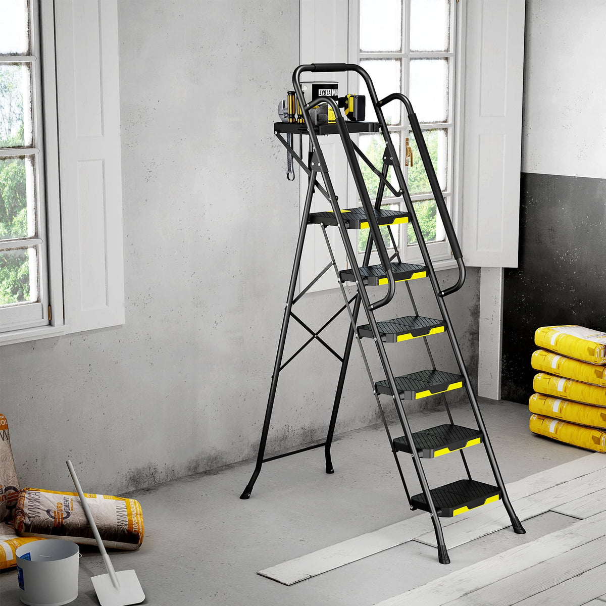 KK KINGRACK 6 Step Ladder, Metal Ladder with Tool Platform&Handrails, 800 lbs Capacity, Black