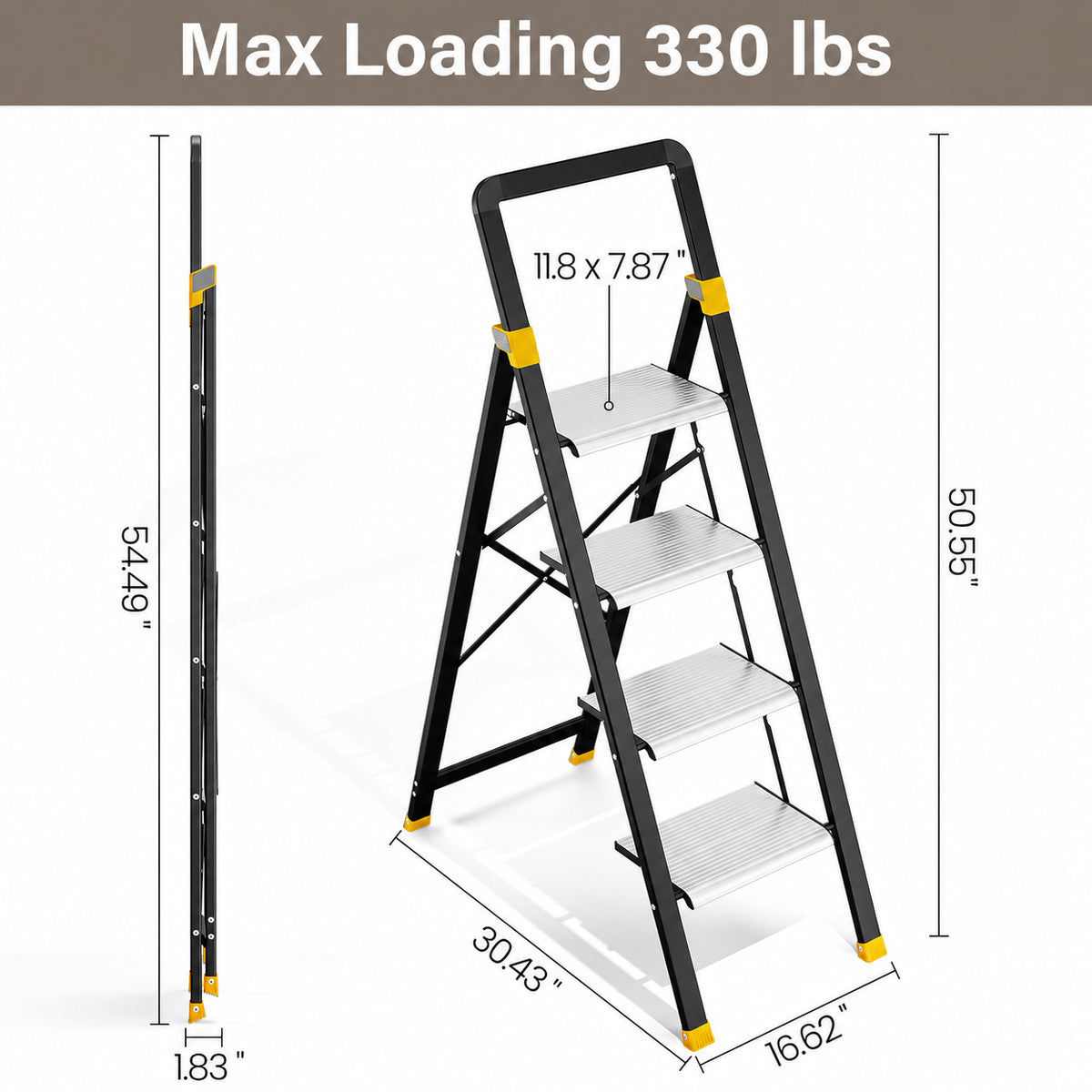 KINGTIDY 4 Step Ladder, Sturdy Aluminium Ladder with Anti-Slip Pedal, 330lbs, Portable Ladder for Home Kitchen Office, Silver