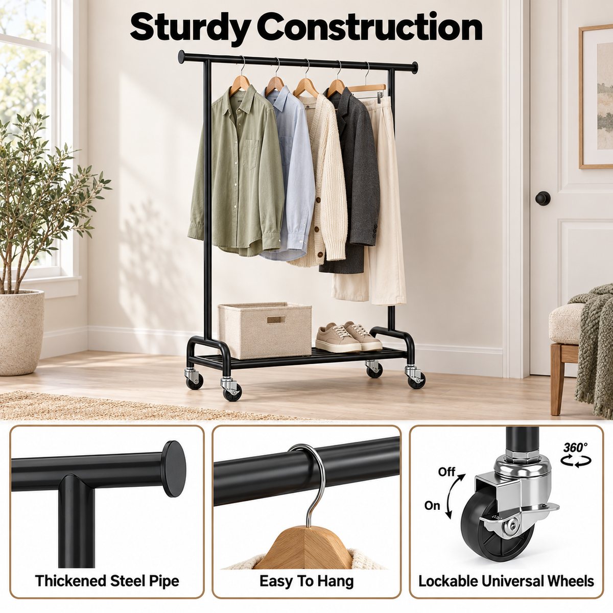 KINGTIDY Clothes Rack with Wheels, Portable Garment Rack for Bedroom, Closet, 42.3" x 16.3" x 62.59", Black