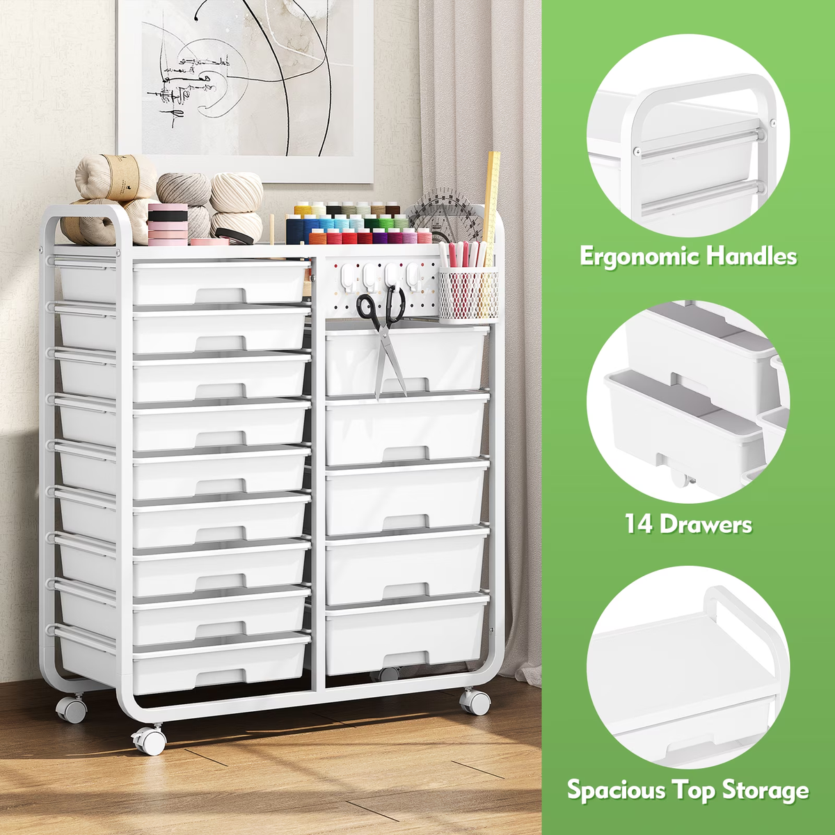 BEHERZT 14 Drawer Rolling Cart with Tabletop & DIY Pegboard, Storage Carts with Wheels, Organizers Utility Cart, White