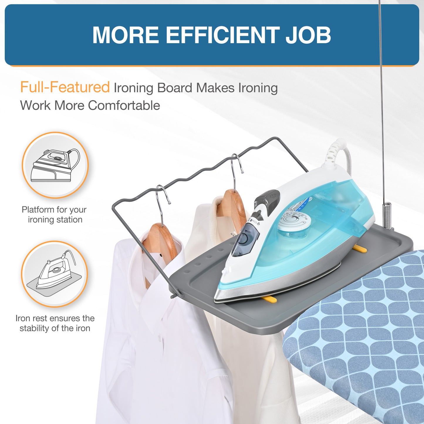 TOOLF Ironing Board, Multi-use Iron Board with Hanger & Iron Rest, 7 Adjustable Heights, 43x13", Blue (QP1343HT2-B)