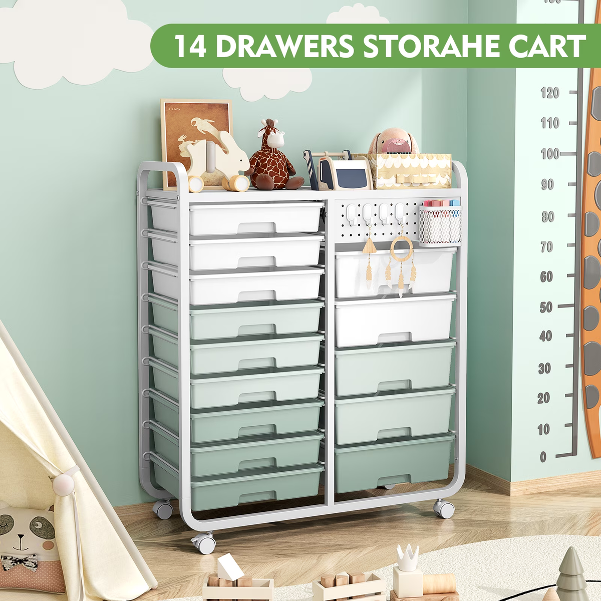 BEHERZT 14 Drawer Rolling Cart with Tabletop & DIY Pegboard, Storage Cart with Wheels, Organizers Utility Cart, Green