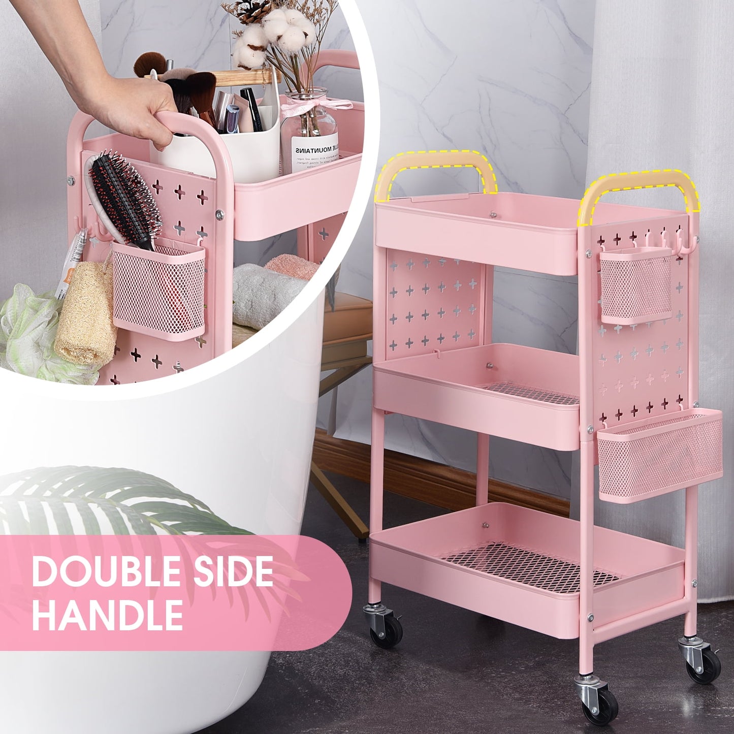 TOOLF 3-Tier Rolling Cart, Utility Storage Cart with DIY Dual Pegboards, Organizer Serving Trolley, Pink (WK830573-P)