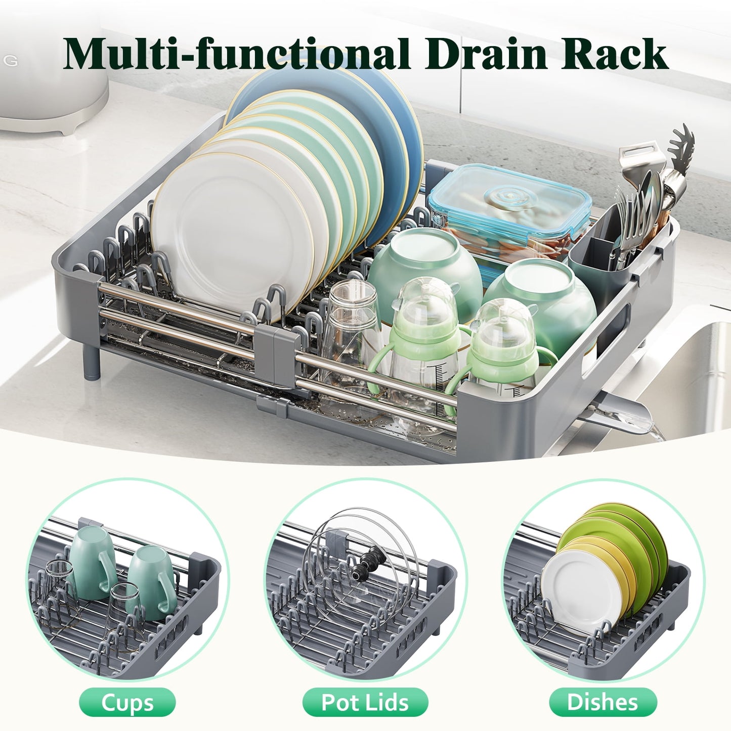 Kingrack Extendable Dish Rack, Dual Part Dish Drainers with Non-Scratch and Movable Cutlery Drainer and Drainage Spout, WK810172-6