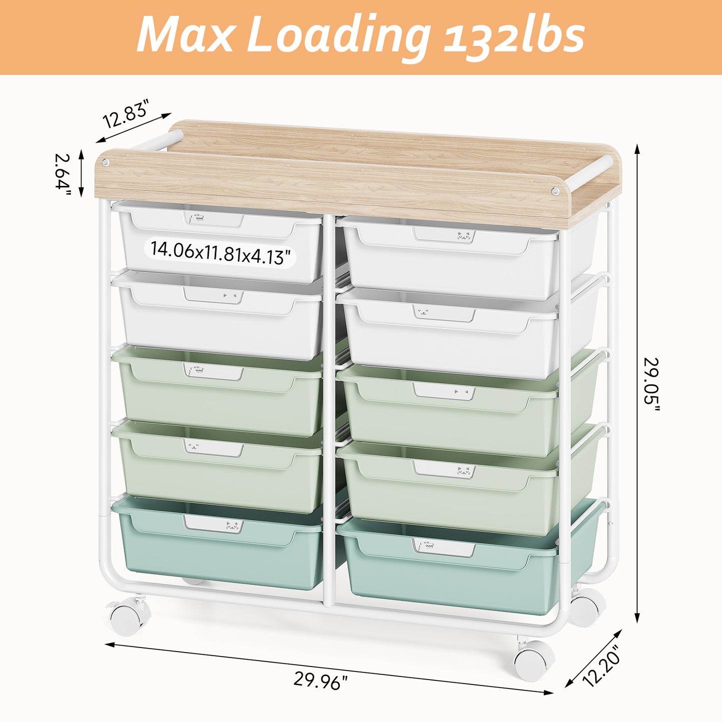 Rolling Storage Cart with 10 Drawers, KK KINGRACK Drawer Cart with Sturdy Frame for Craft Office School Storage, Green (BZ831234-1G)