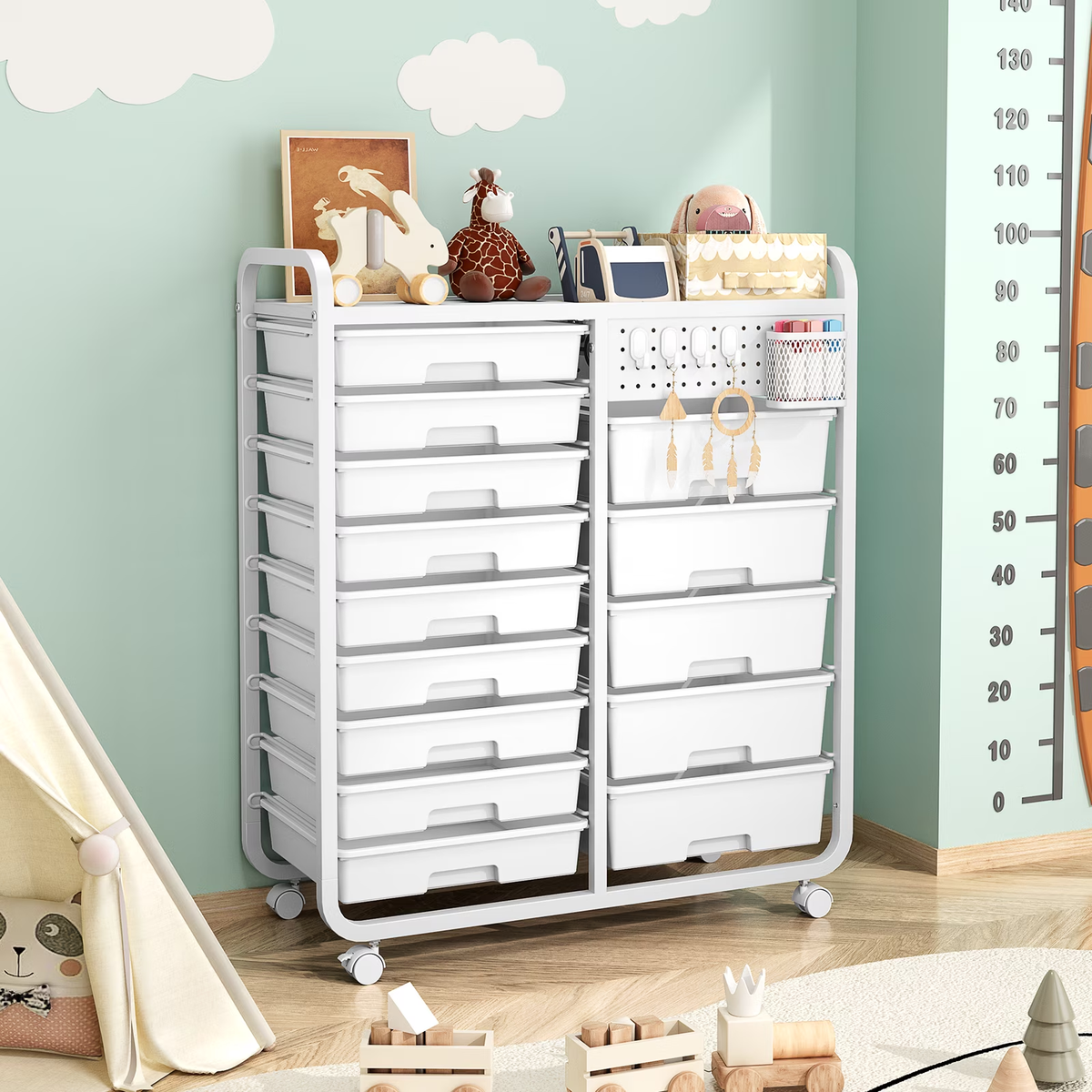 BEHERZT 14 Drawer Rolling Cart with Tabletop & DIY Pegboard, Storage Carts with Wheels, Organizers Utility Cart, White