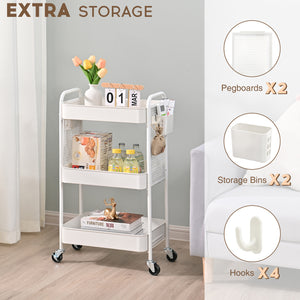 KK KINGRACK Rolling Cart, 3-Tier Utility Cart, Metal Storage Organizer with Wheels & DIY Board, White (CZ810435-W)