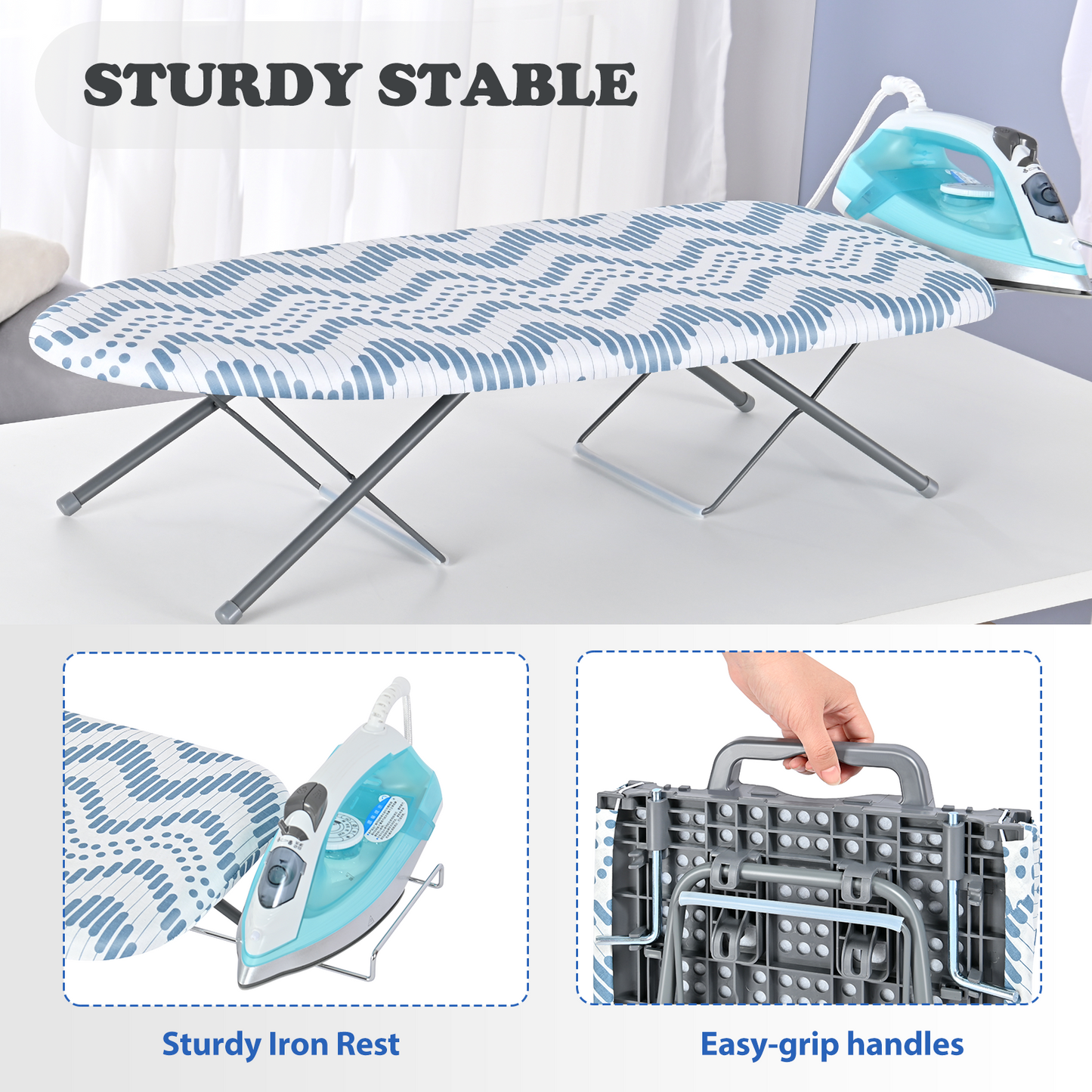 KK KINGRACK Foldable Ironing Board, Tabletop Small Iron Board with Iron Rest & Hanging Handle, Blue（TYB1230D）