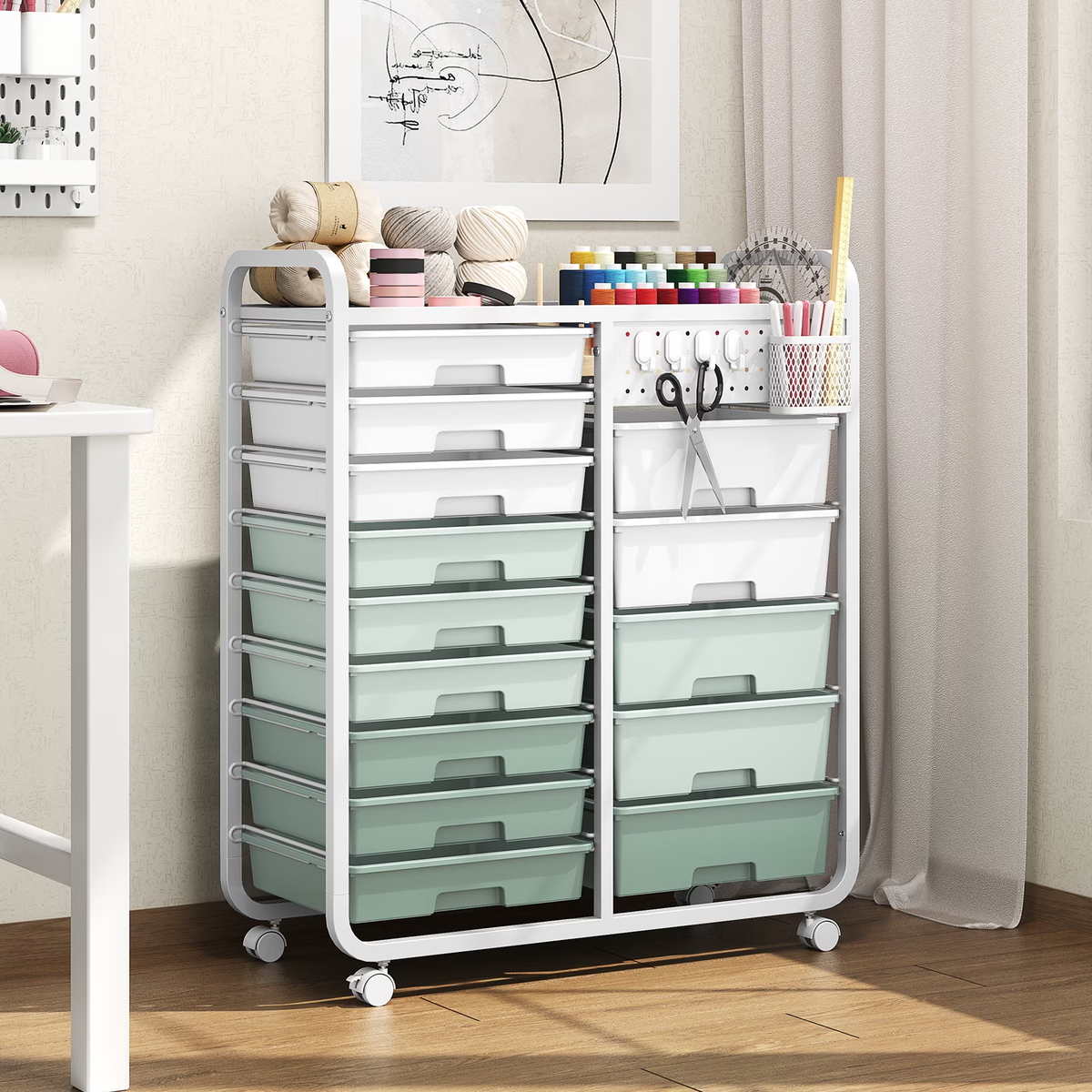 BEHERZT 14 Drawer Rolling Cart with Tabletop & DIY Pegboard, Storage Cart with Wheels, Organizers Utility Cart, Green