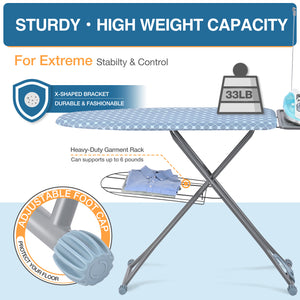 TOOLF Ironing Board, Multi-use Iron Board with Hanger & Iron Rest, 7 Adjustable Heights, 43x13", Blue (QP1343HT2-B)