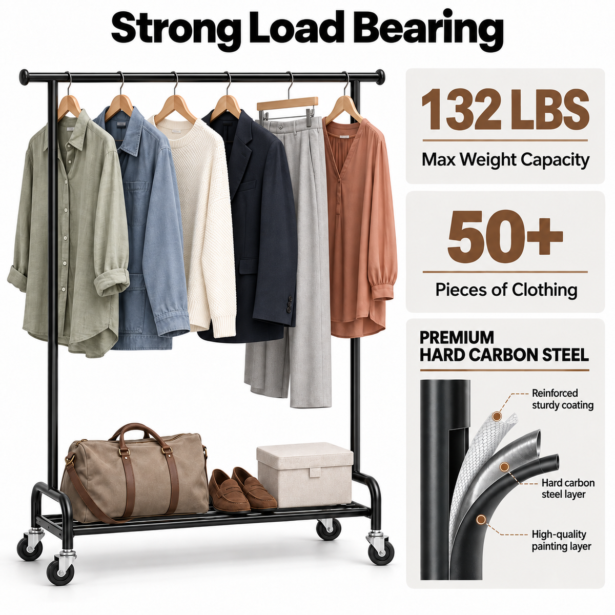 KINGTIDY Clothes Rack with Wheels, Portable Garment Rack for Bedroom, Closet, 42.3" x 16.3" x 62.59", Black